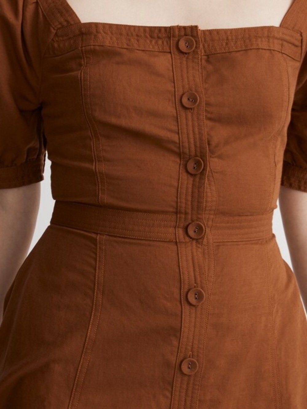 Madewell Seamed Puff-Sleeve Midi Dress Warm Coffee Size 0 Linen Blend - Picture 5 of 15